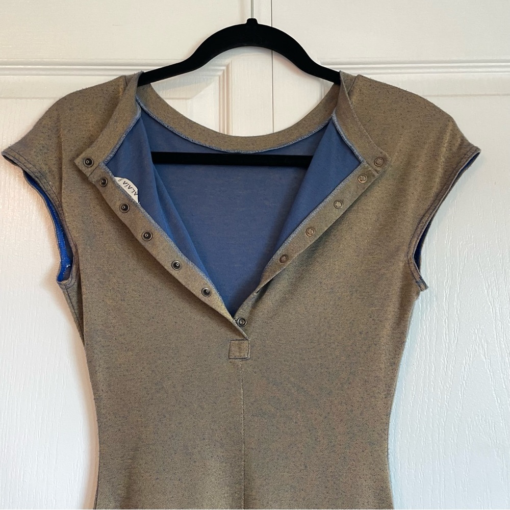 RARE Vintage Alaia Paris Cap Sleeve Sculpted Bodycon Shift Dress - Gold/Blue - Picture 6 of 9